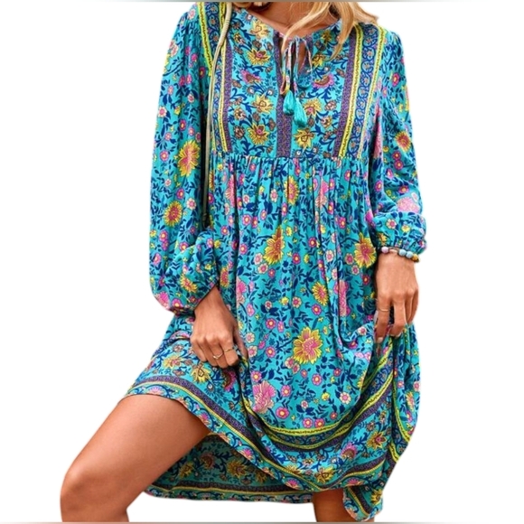 Emery Rose Colorful Floral Boho Lantern Sleeve Relaxed Tiered Smock Dress, M - Picture 4 of 10